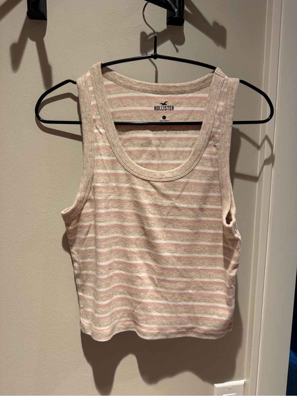 Hollister Striped Ribbed Scoop Tank - Beige, Light Pink & White